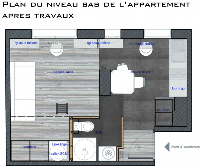 Restructuration complte d'un petit appartement : plan du niveau aprs travaux