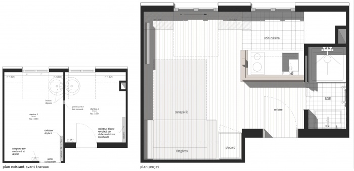 REUNION DE DEUX CHAMBRES EN UN STUDIO de 14m : PLANS